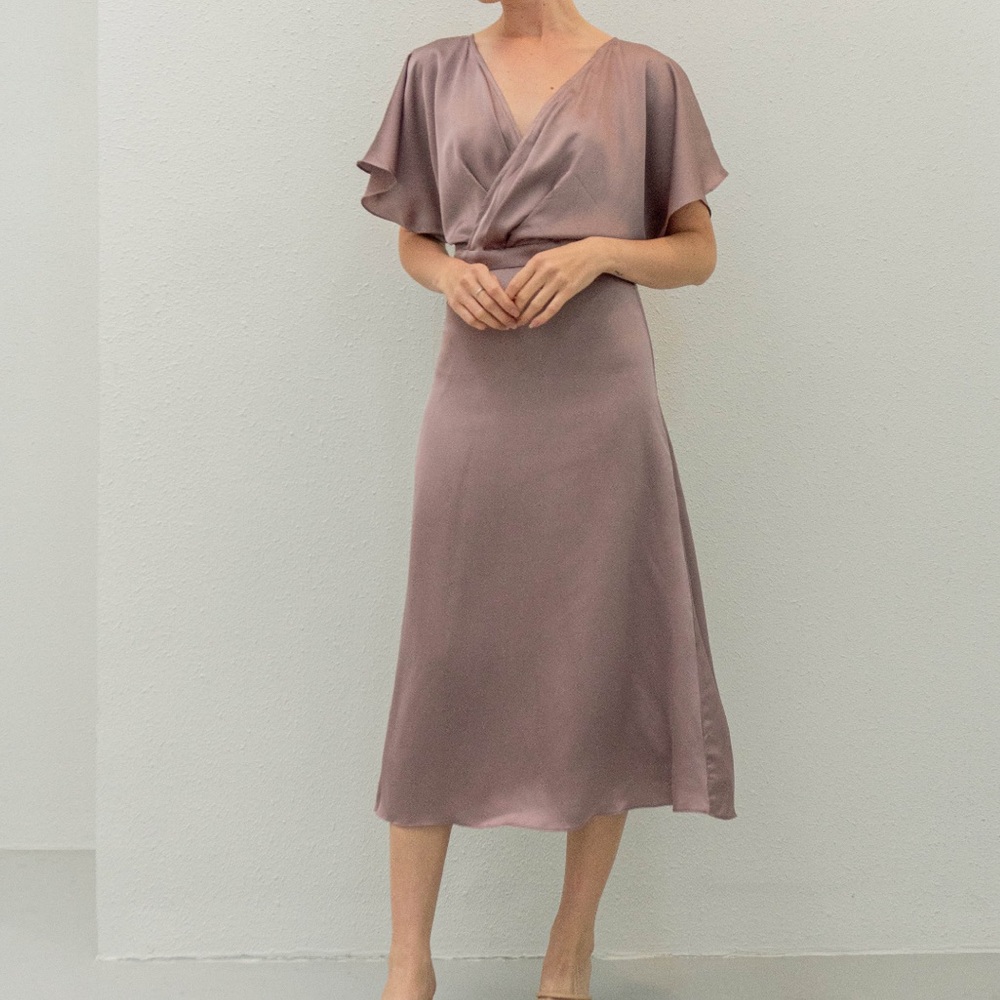 NWT Satin Tea Length Dress in Dusty Purple